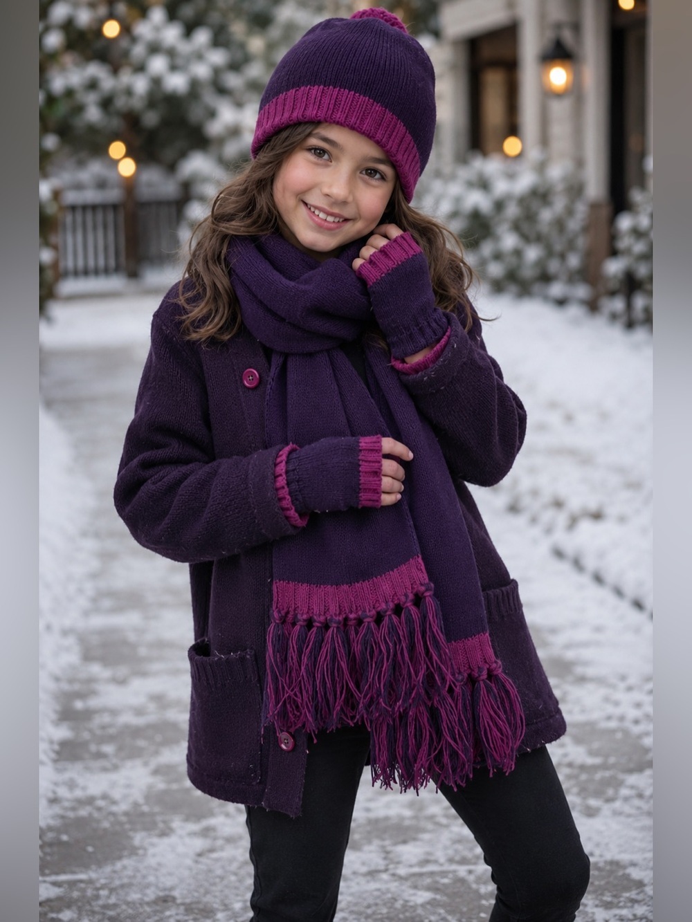 Purple & Pink Knit Winter Hat Scarf Glove Set | Girls | NWT